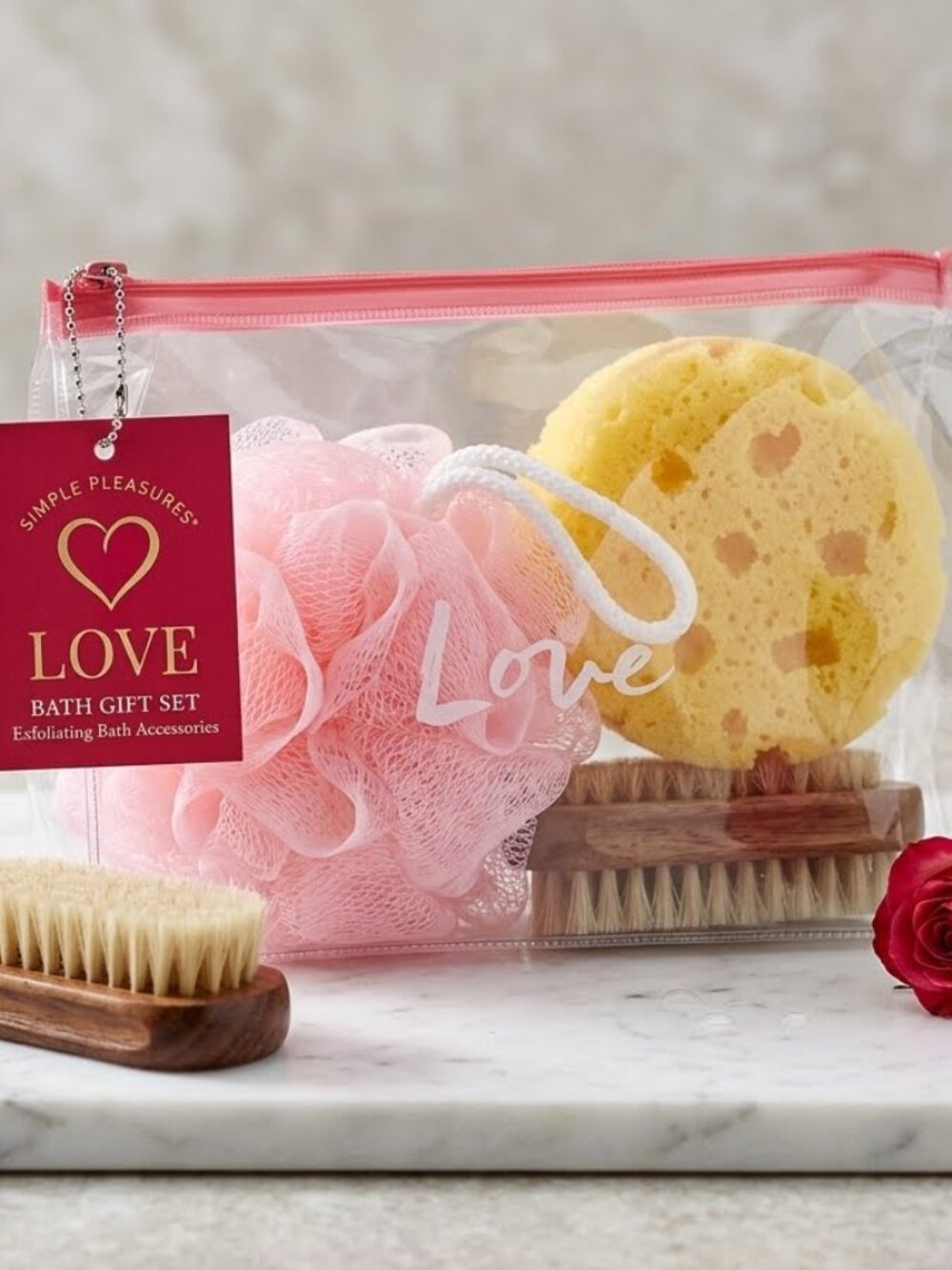 New Simple Pleasures Love Bath & Body Spa Gift Set Pink Loofah Yellow Sponge